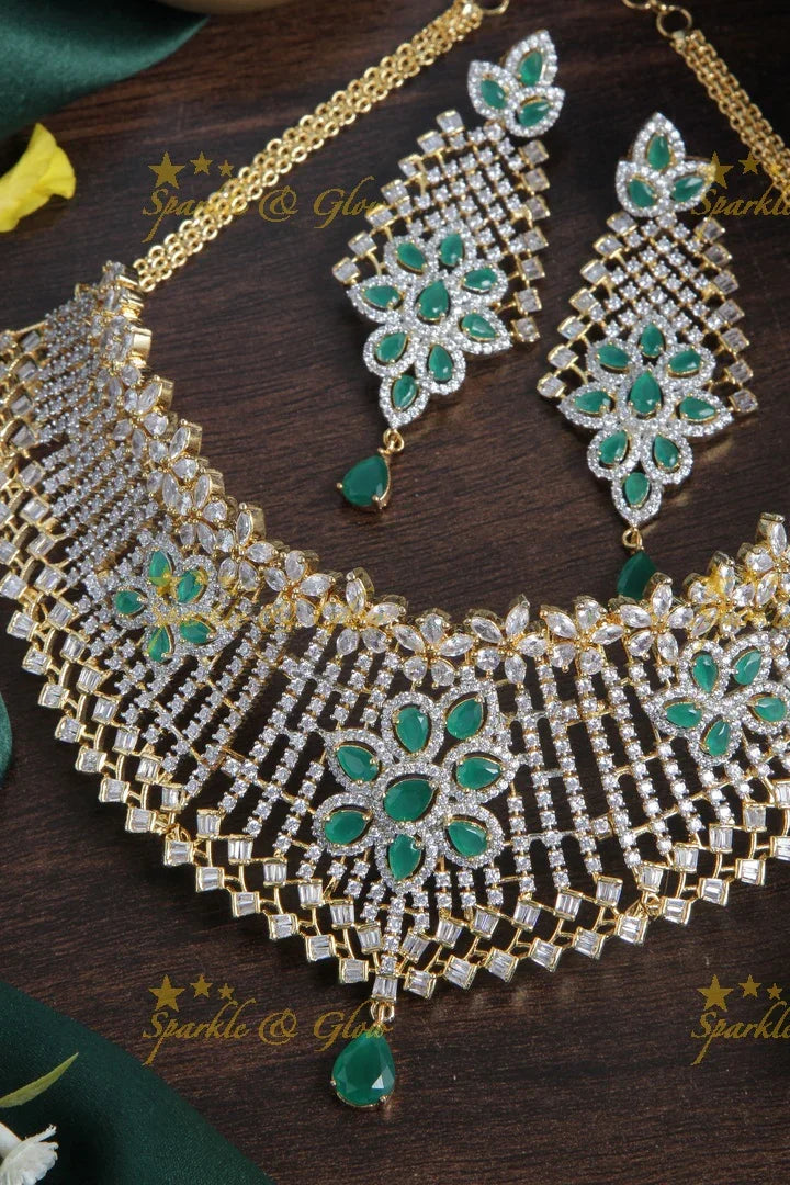 Beautiful glittering GJ polish AD stone green high neck choker - Sparkle and Glow