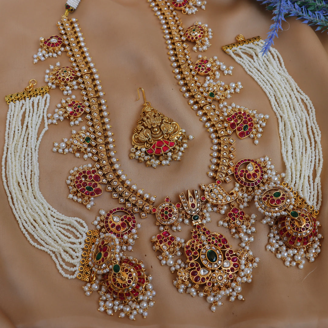 Nita Ambani inspired Stunning Peacock Floral Mango carved rice pearl guttapusalu long necklace - Sparkle and Glow
