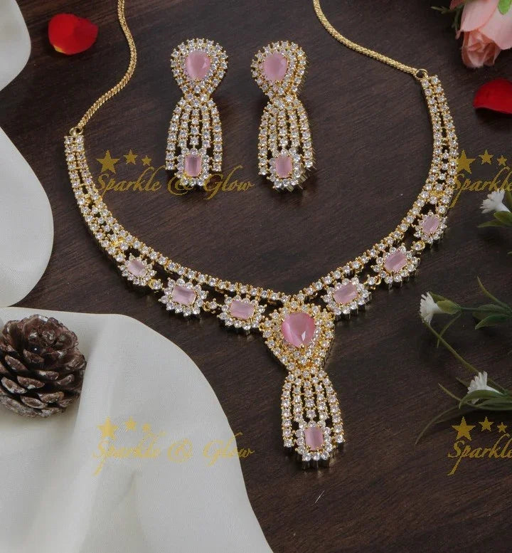 Beautiful gold finish pastel pink stone AD short necklace - Sparkle and Glow