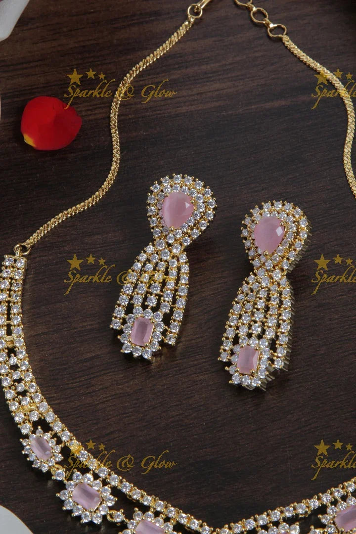 Beautiful gold finish pastel pink stone AD short necklace - Sparkle and Glow