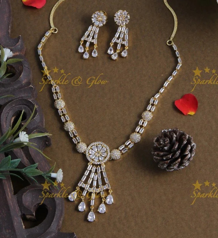 Beautiful gold finish white stone floral AD stone short necklace - Sparkle and Glow