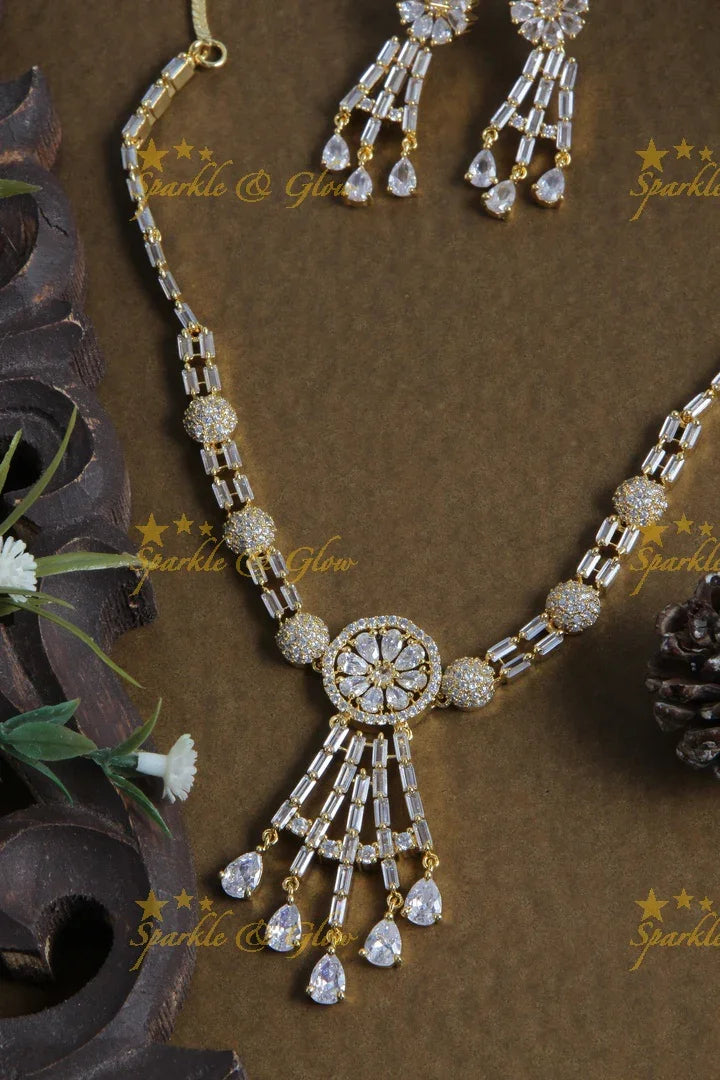 Beautiful gold finish white stone floral AD stone short necklace - Sparkle and Glow
