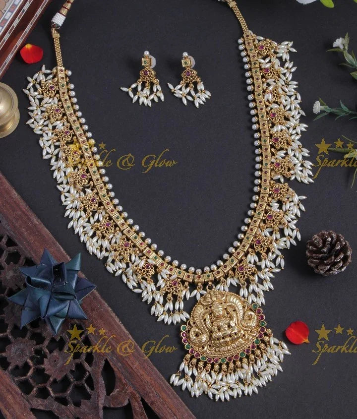 Gold alike long lakshmi carved rice pearl gutta pusalu necklace - Sparkle and Glow