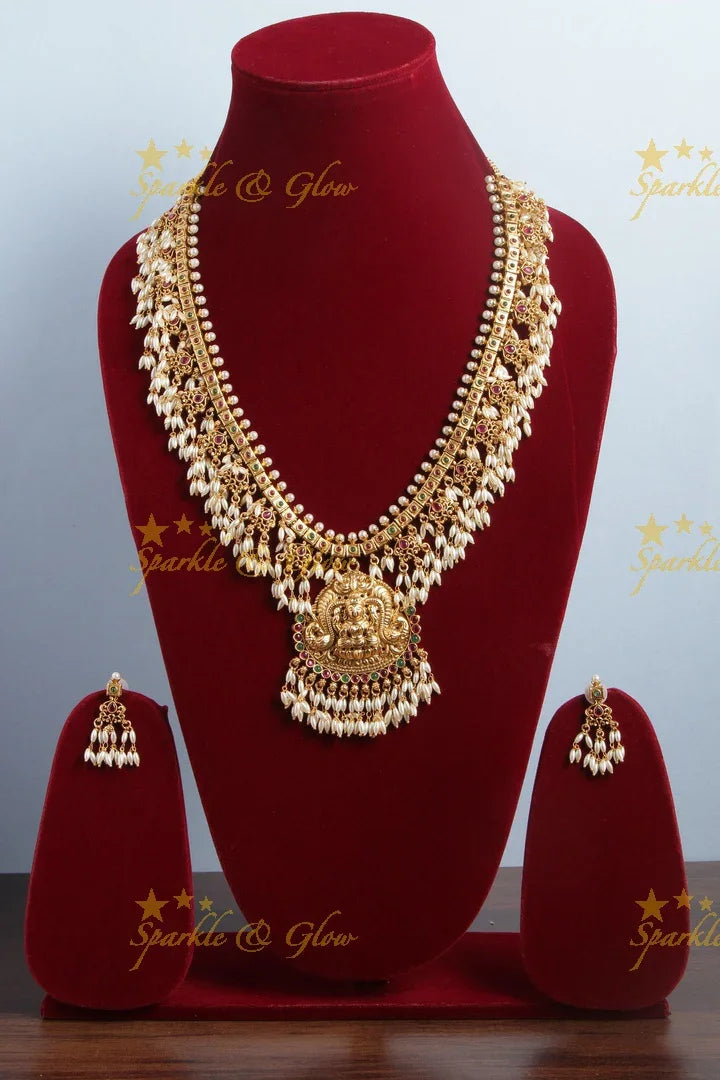 Gold alike long lakshmi carved rice pearl gutta pusalu necklace - Sparkle and Glow
