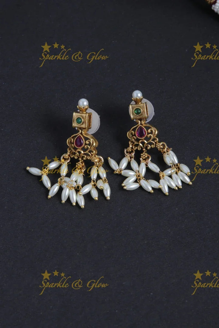 Gold alike long lakshmi carved rice pearl gutta pusalu necklace - Sparkle and Glow