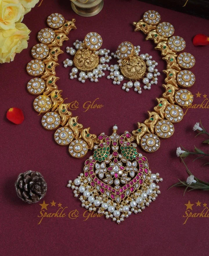 Intricate jadau floral peacock pendent necklace - Sparkle and Glow