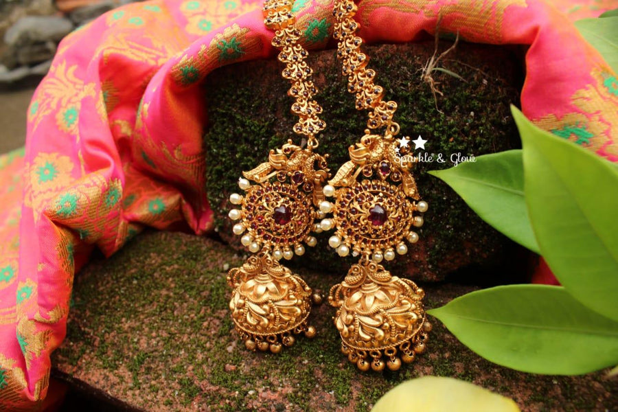 Kemp stones peacock intricate jhumukas with earchain - Sparkle and Glow