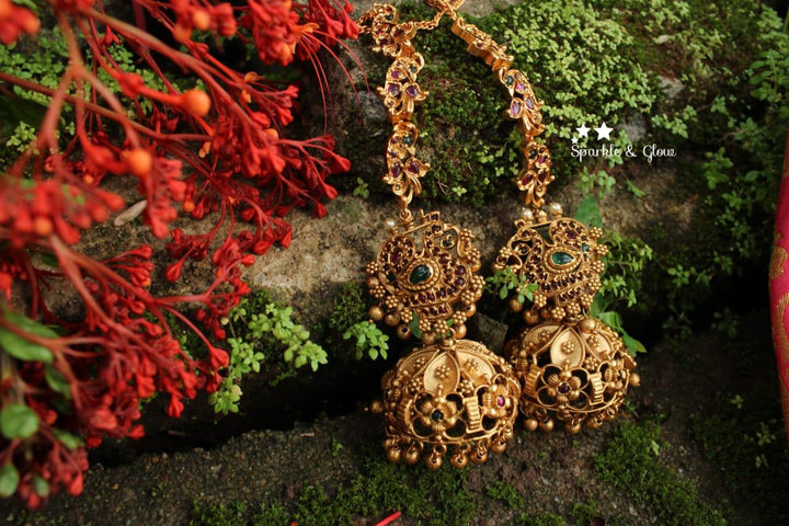 Kemp stones peacock intricate jhumukas with earchain - Sparkle and Glow