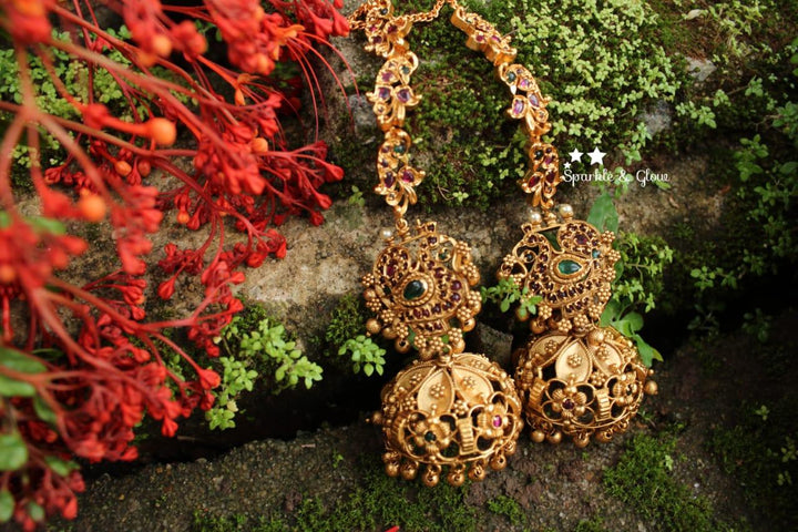 Kemp stones peacock intricate jhumukas with earchain - Sparkle and Glow
