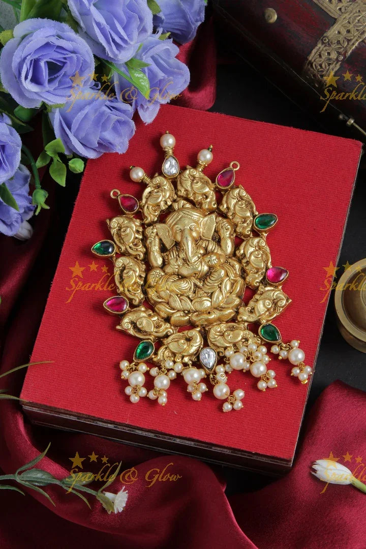 Gheru gold ganesh peacock carved jadau pendent - Sparkle and Glow