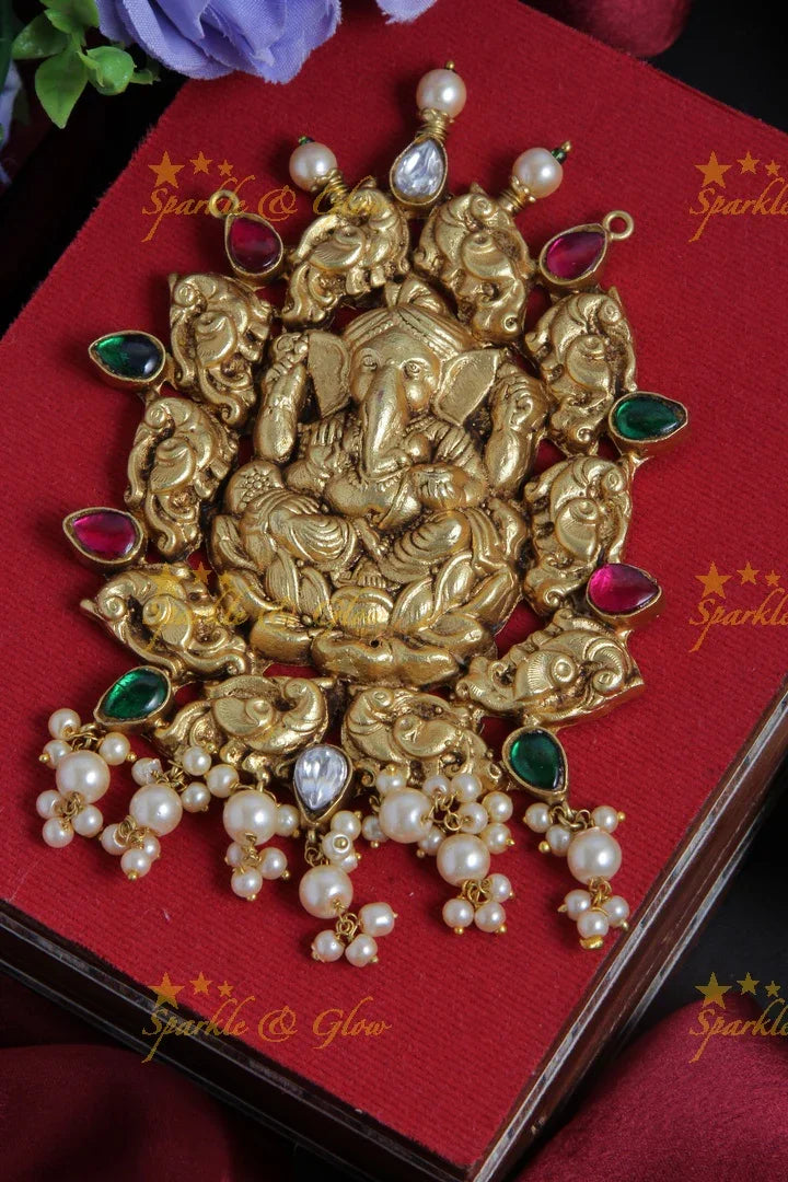 Gheru gold ganesh peacock carved jadau pendent - Sparkle and Glow