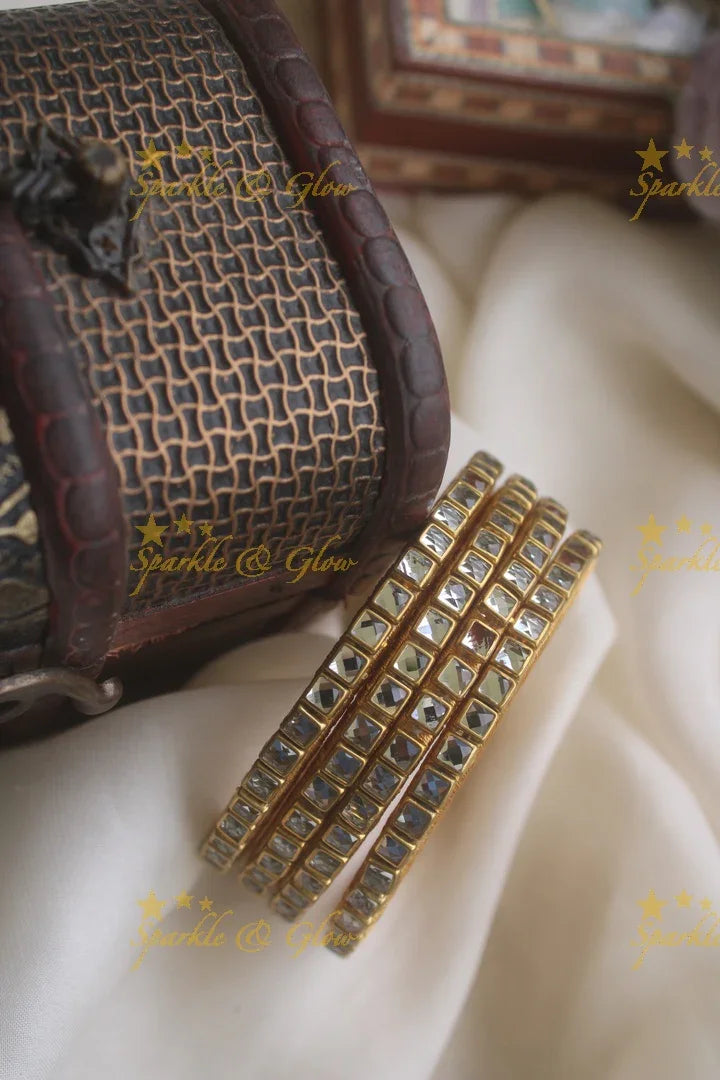Silk thread kundan square stone bangle set of four - Transparent White - Sparkle and Glow