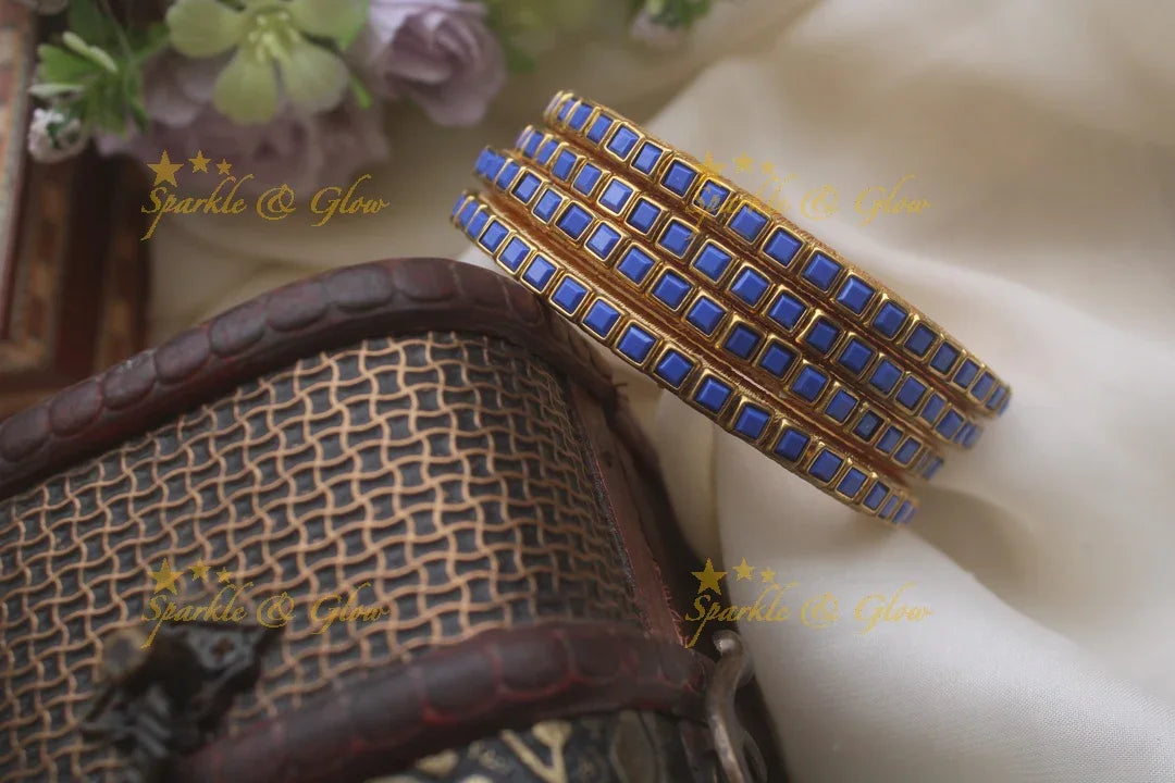Silk thread kundan square stone bangle set of four - Blue - Sparkle and Glow