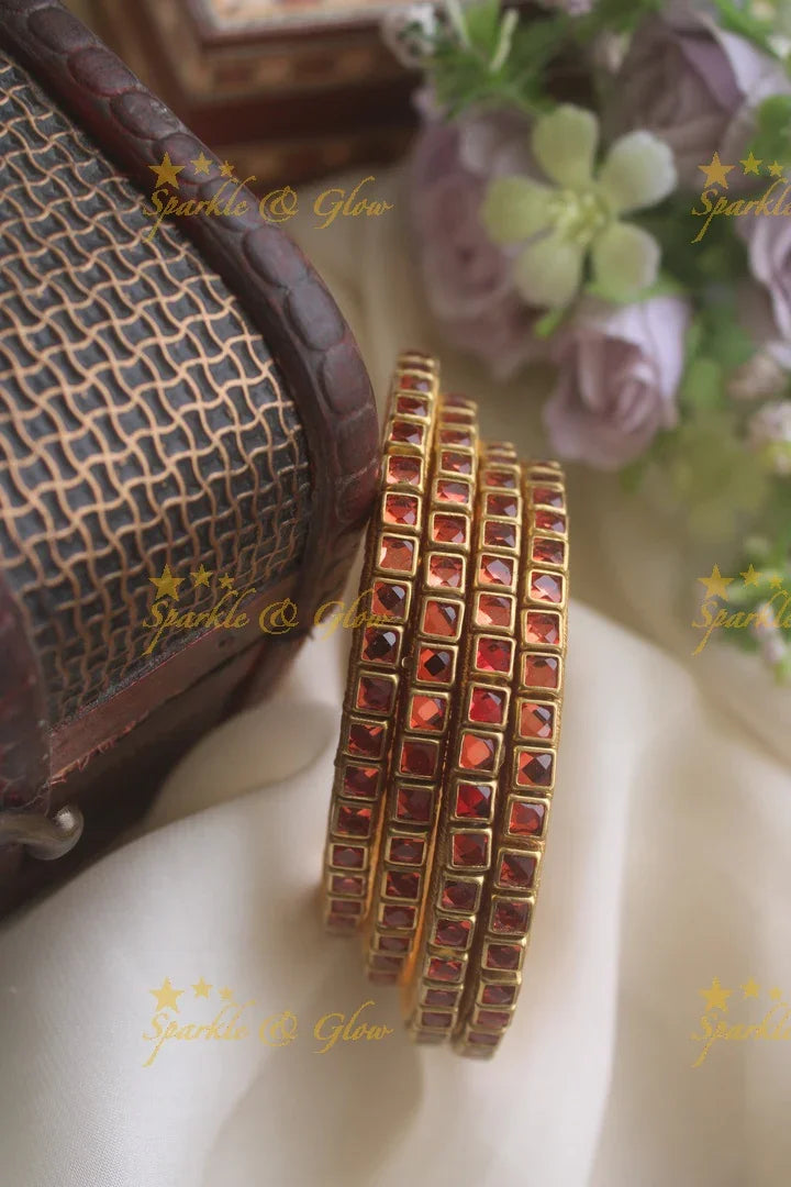 Silk thread kundan square stone bangle set of four - Transparent Orange - Sparkle and Glow