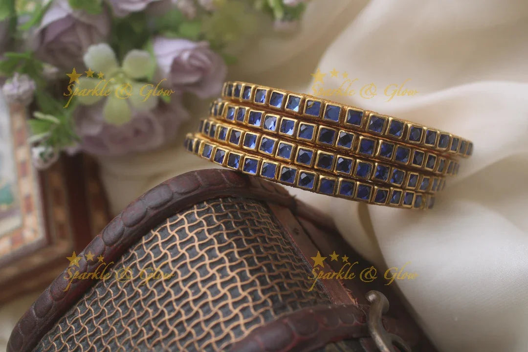 Silk thread kundan square stone bangle set of four - Transparent Dark Blue - Sparkle and Glow
