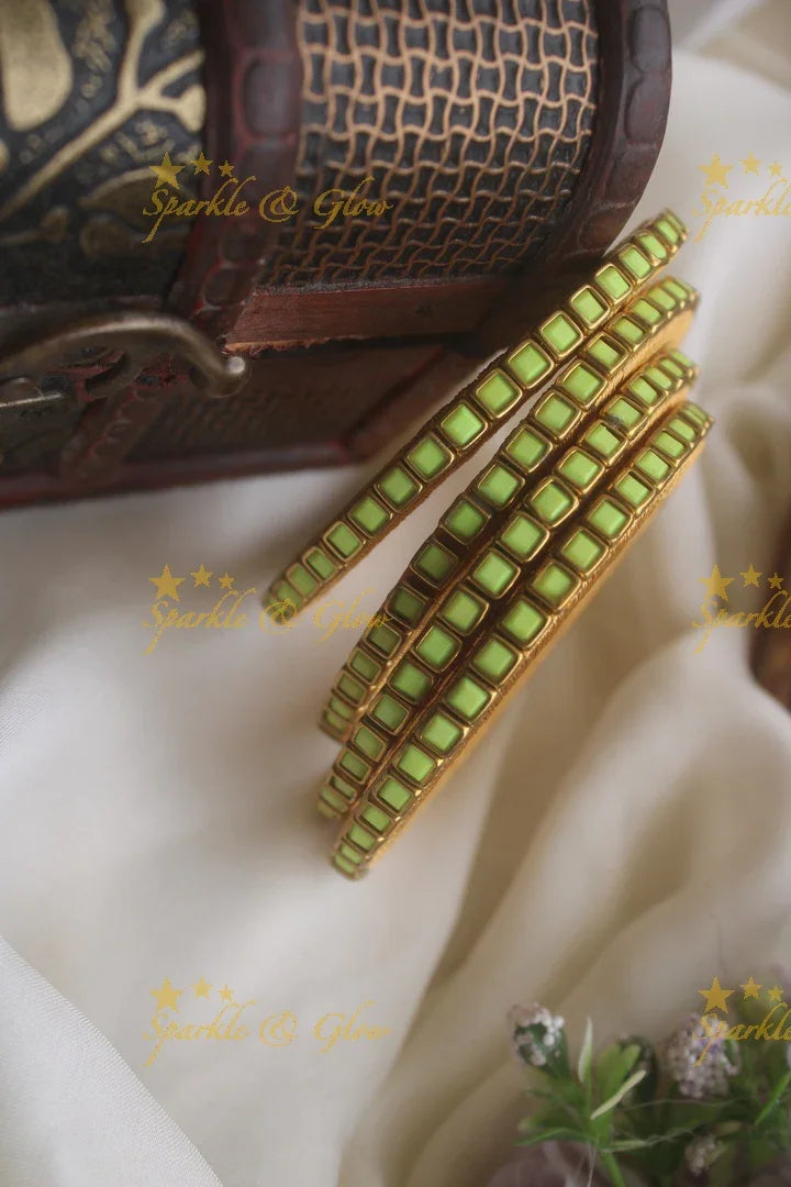 Silk thread kundan square stone bangle set of four - Fluorescent Yellow - Sparkle and Glow