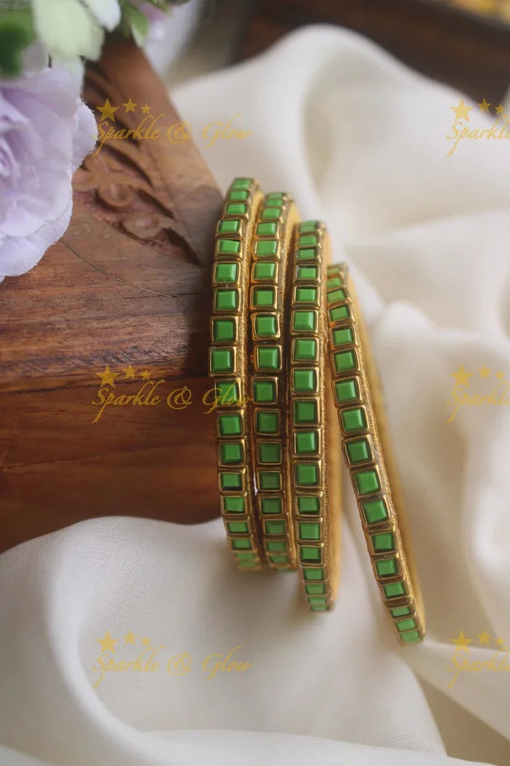 Silk thread kundan square stone bangle set of four - Light Green - Sparkle and Glow