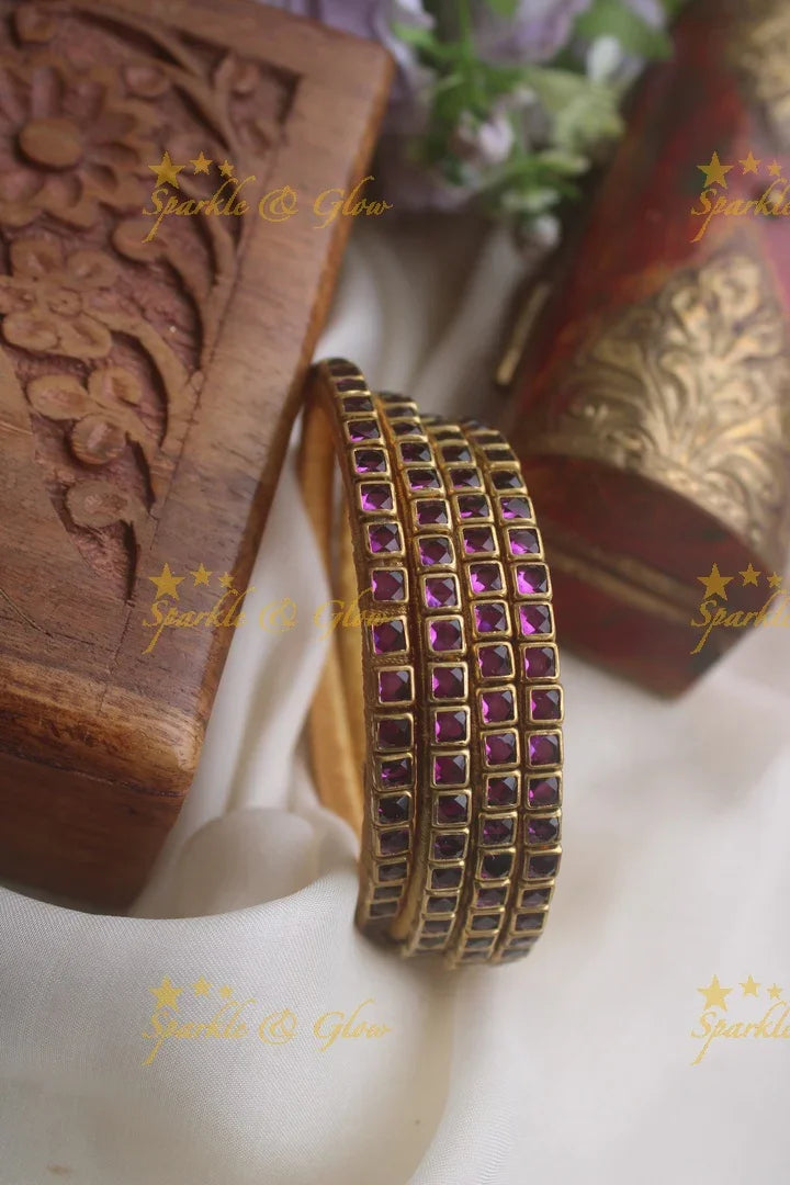 Silk thread kundan square stone bangle set of four - Transparent Violet - Sparkle and Glow