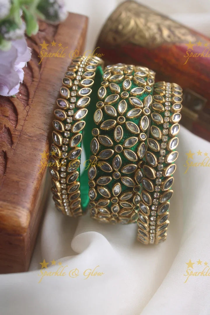 Silk thread kundan stone bangle set of three - Green - Sparkle and Glow