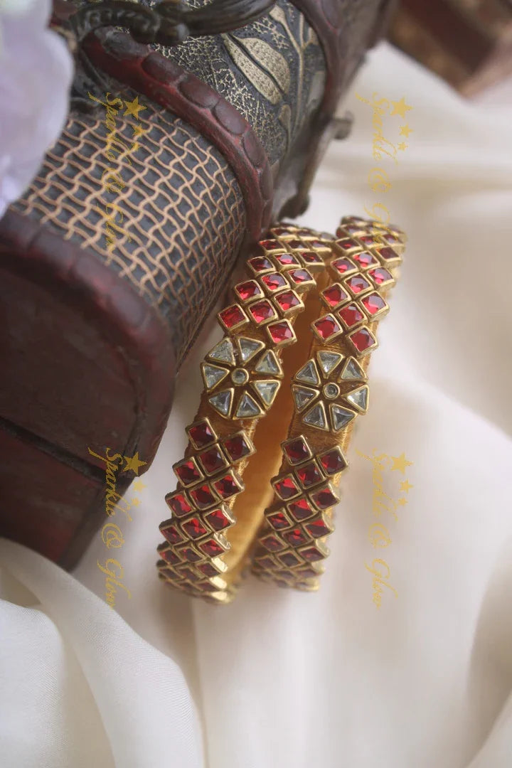Silk thread triangle shape center flower design kundan stone bangle - a pair - White - Sparkle and Glow