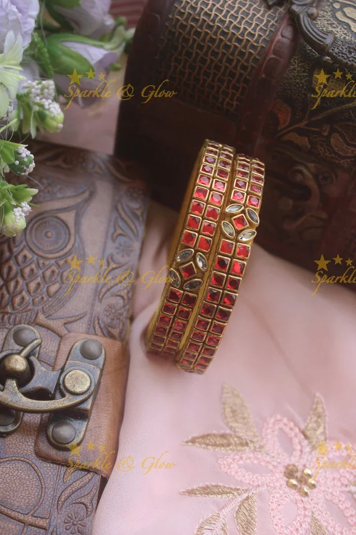 Two line sqare shape center flower design kundan stone silk thread bangle - a pair - Orange - Sparkle and Glow