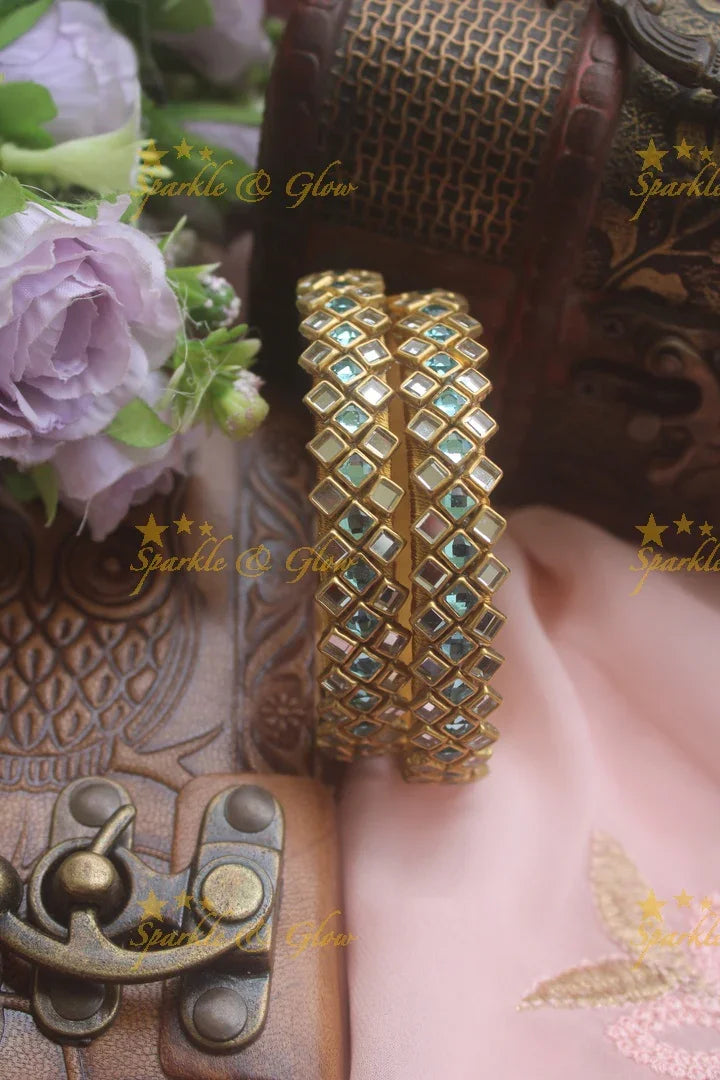 Diamond Shaped kundan stones silk thread bangle - a pair - Silver - Sparkle and Glow