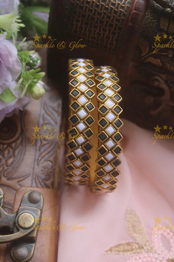 Diamond Shaped kundan stones silk thread bangle - a pair - Multi - Sparkle and Glow