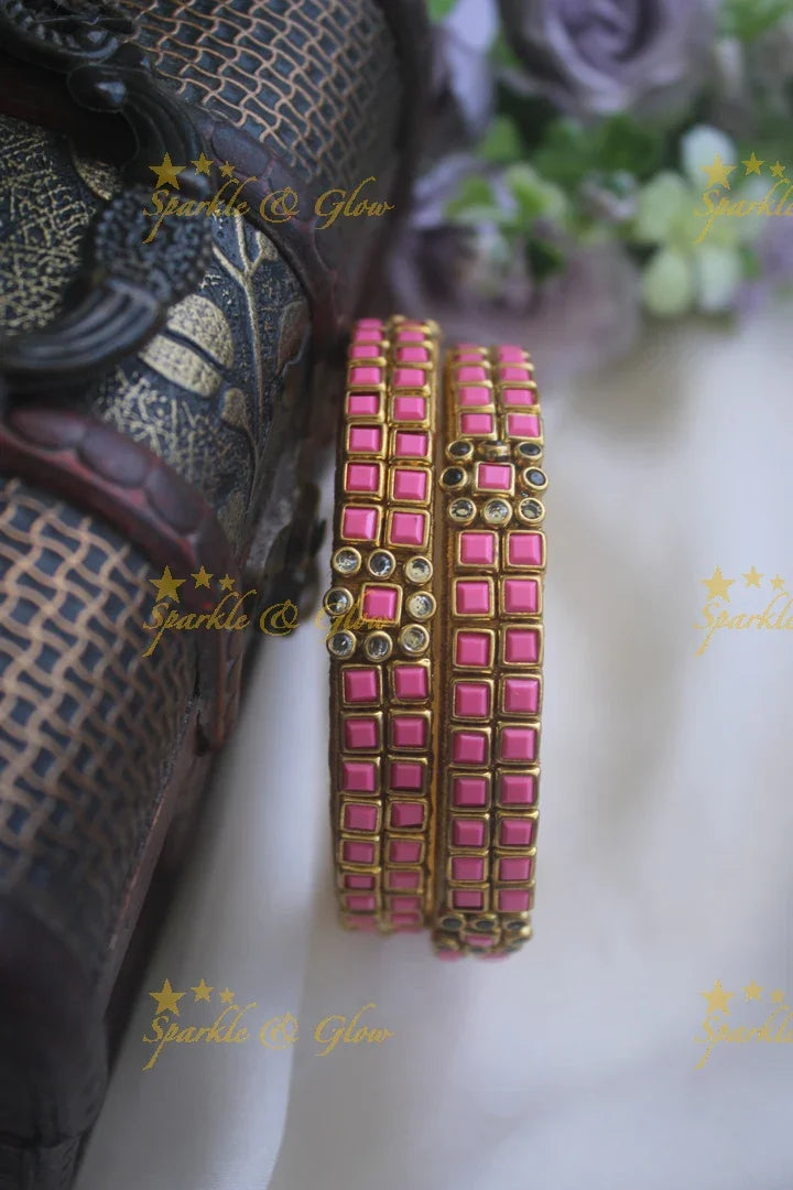Two line sqare shape center flower design kundan stone silk thread bangle - a pair - White - Sparkle and Glow