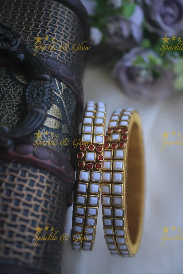 Two line sqare shape center flower design kundan stone silk thread bangle - a pair - White - Sparkle and Glow