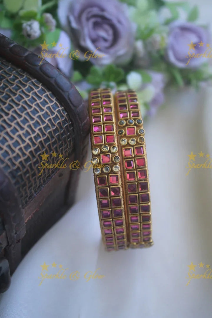 Two line sqare shape center flower design kundan stone silk thread bangle - a pair - White - Sparkle and Glow