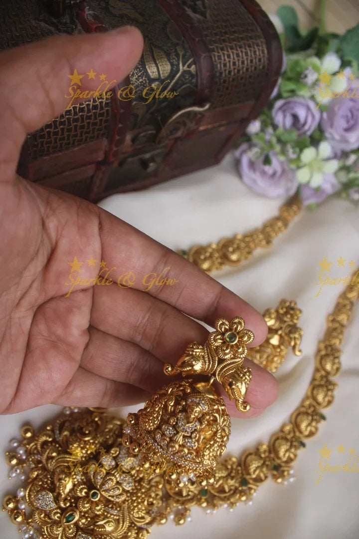 Beautiful gold alike peacock Lakshmi carved pendent long necklace - Sparkle and Glow