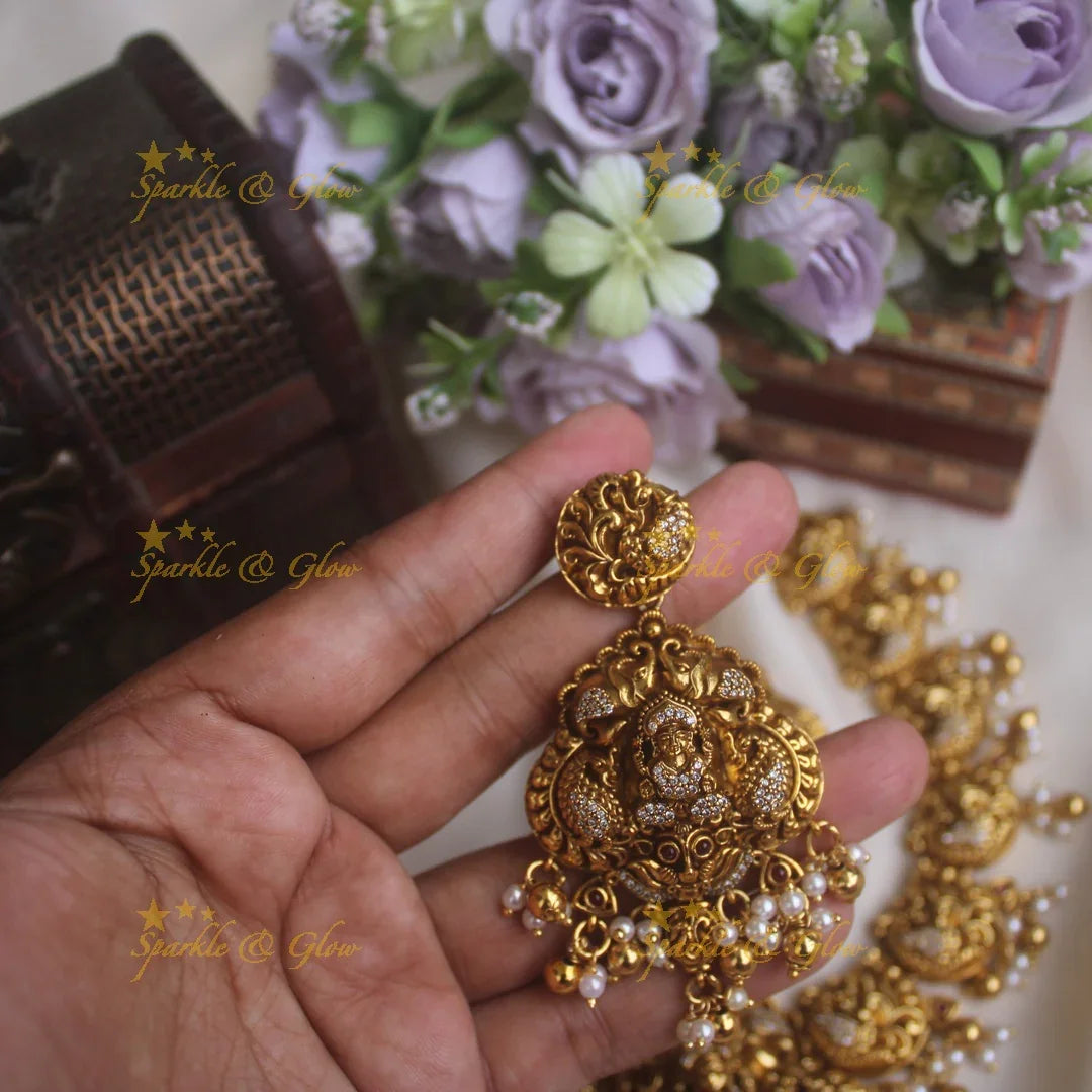 Gold alike peacock style necklace with Lakshmi pendent and gold beads - Sparkle and Glow