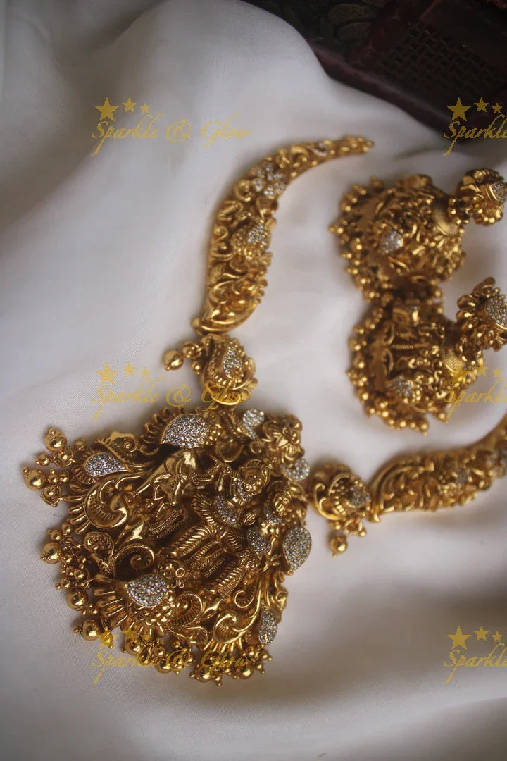Intricate gold alike necklace with lord krishna playing flute with Radha pendent - Sparkle and Glow