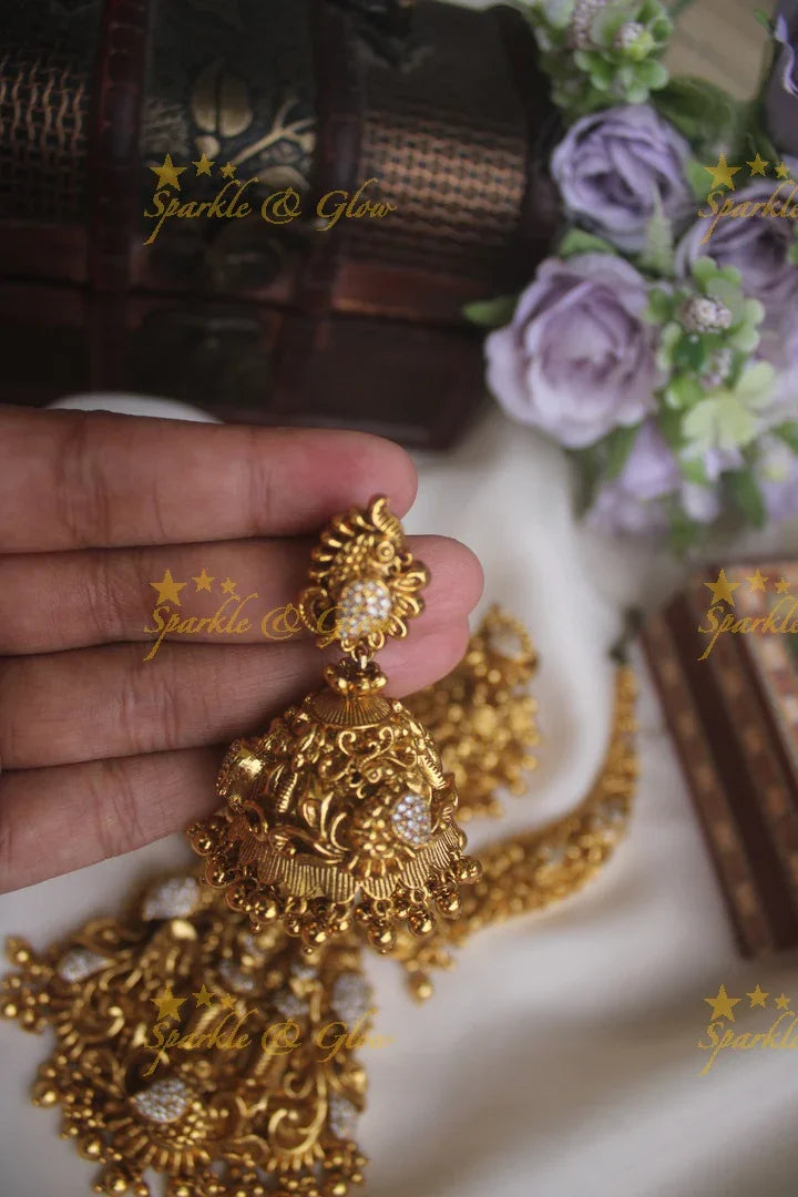 Intricate gold alike necklace with lord krishna playing flute with Radha pendent - Sparkle and Glow