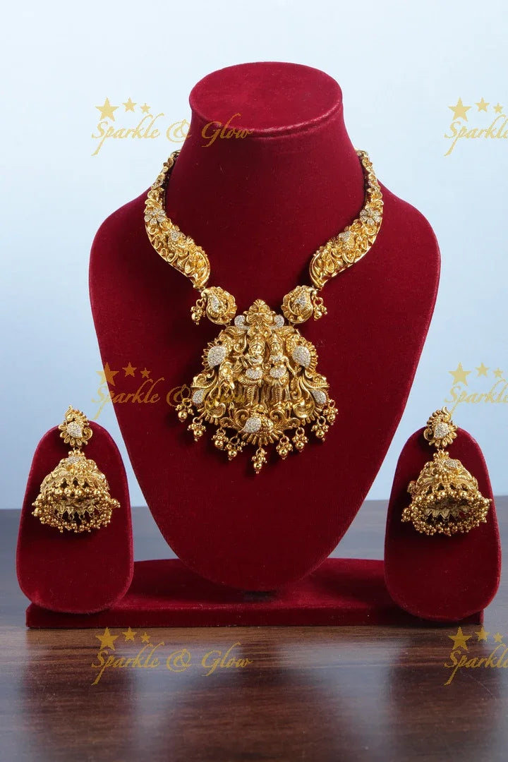 Intricate gold alike necklace with lord krishna playing flute with Radha pendent - Sparkle and Glow