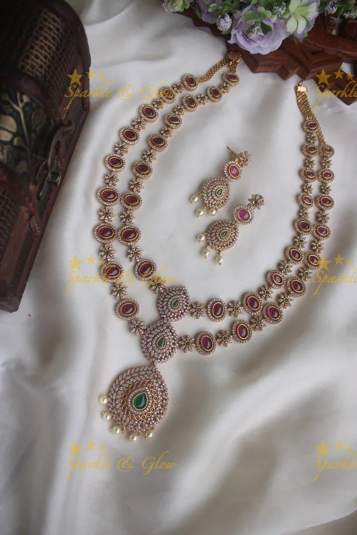 Gold alike long two layered AD necklace - Sparkle and Glow