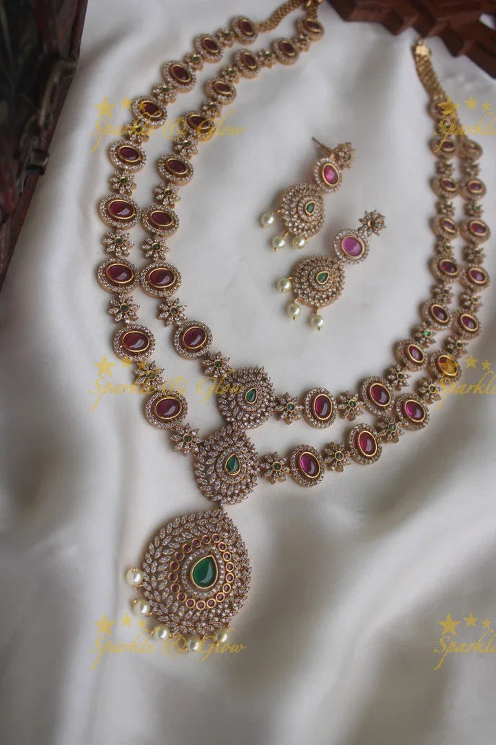 Gold alike long two layered AD necklace - Sparkle and Glow