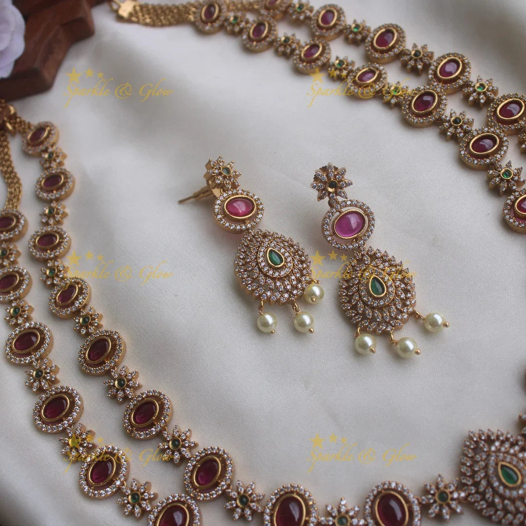 Gold alike long two layered AD necklace - Sparkle and Glow