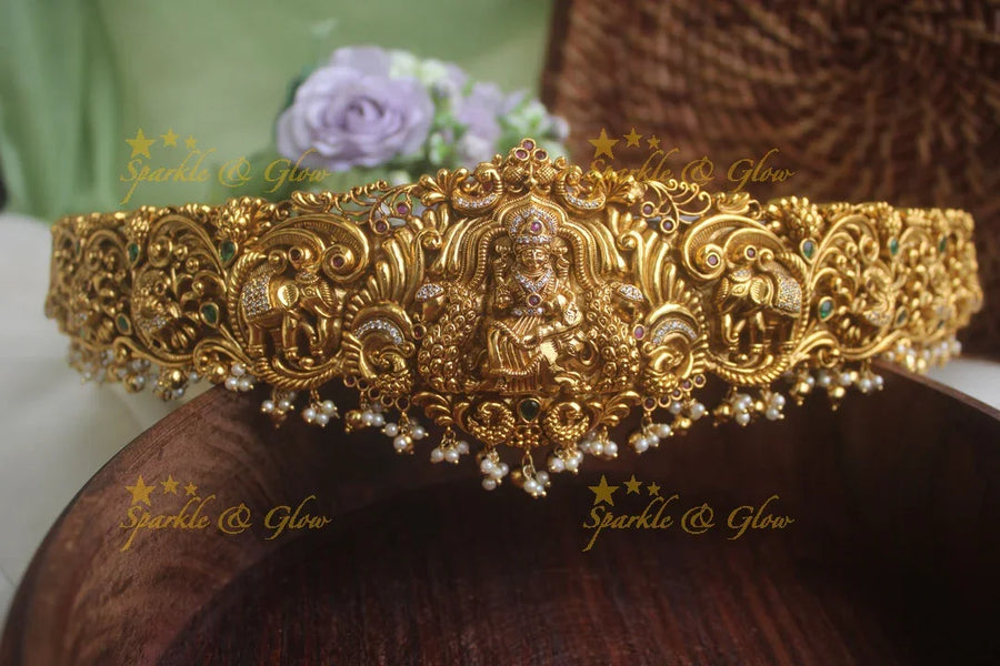 Gold alike beautiful intricately carved elephant lakshmi hipbelt with gold beads - Sparkle and Glow