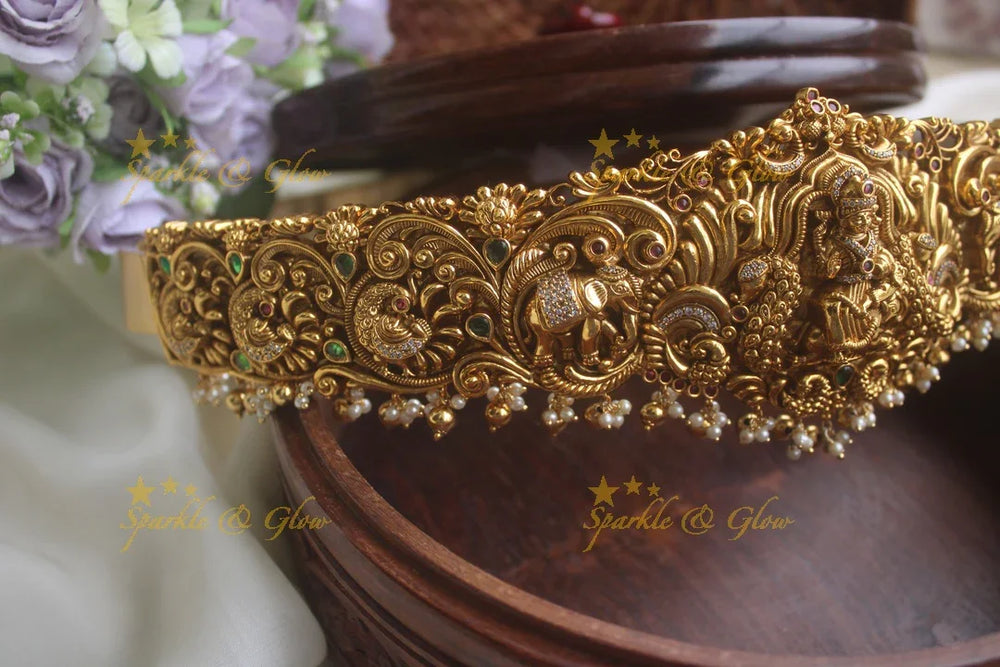 Gold alike beautiful intricately carved elephant lakshmi hipbelt with gold beads - Sparkle and Glow