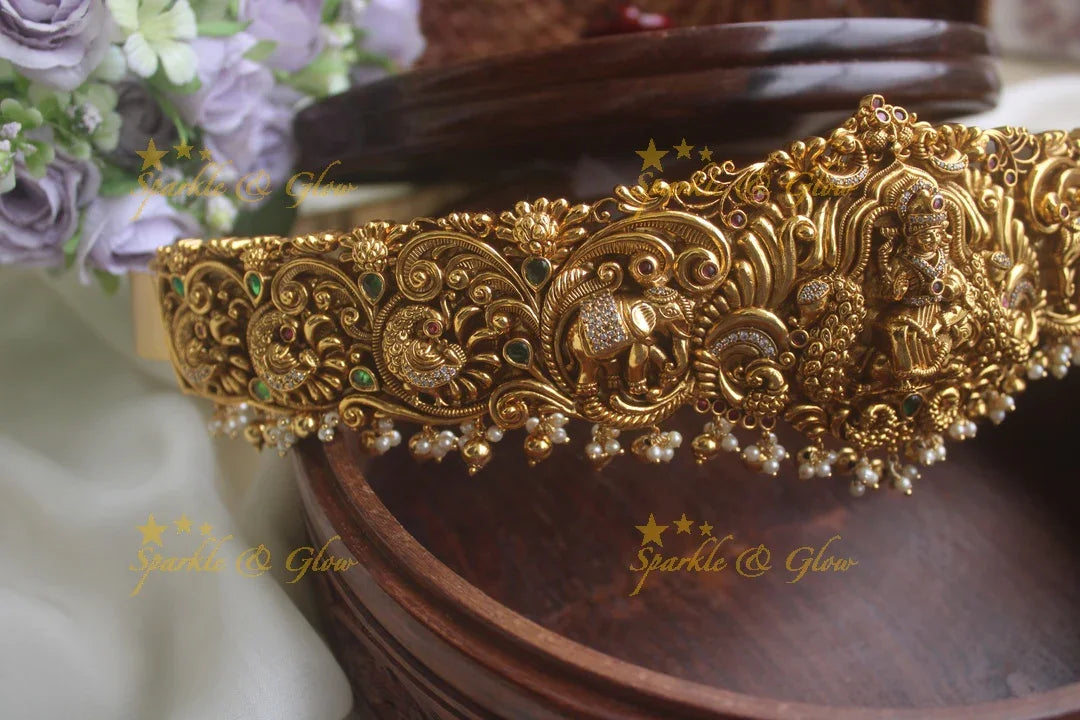 Gold alike beautiful intricately carved elephant lakshmi hipbelt with gold beads - Sparkle and Glow