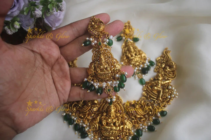 Glorious lakshmi carved peacock elephant necklace with green beads - Sparkle and Glow