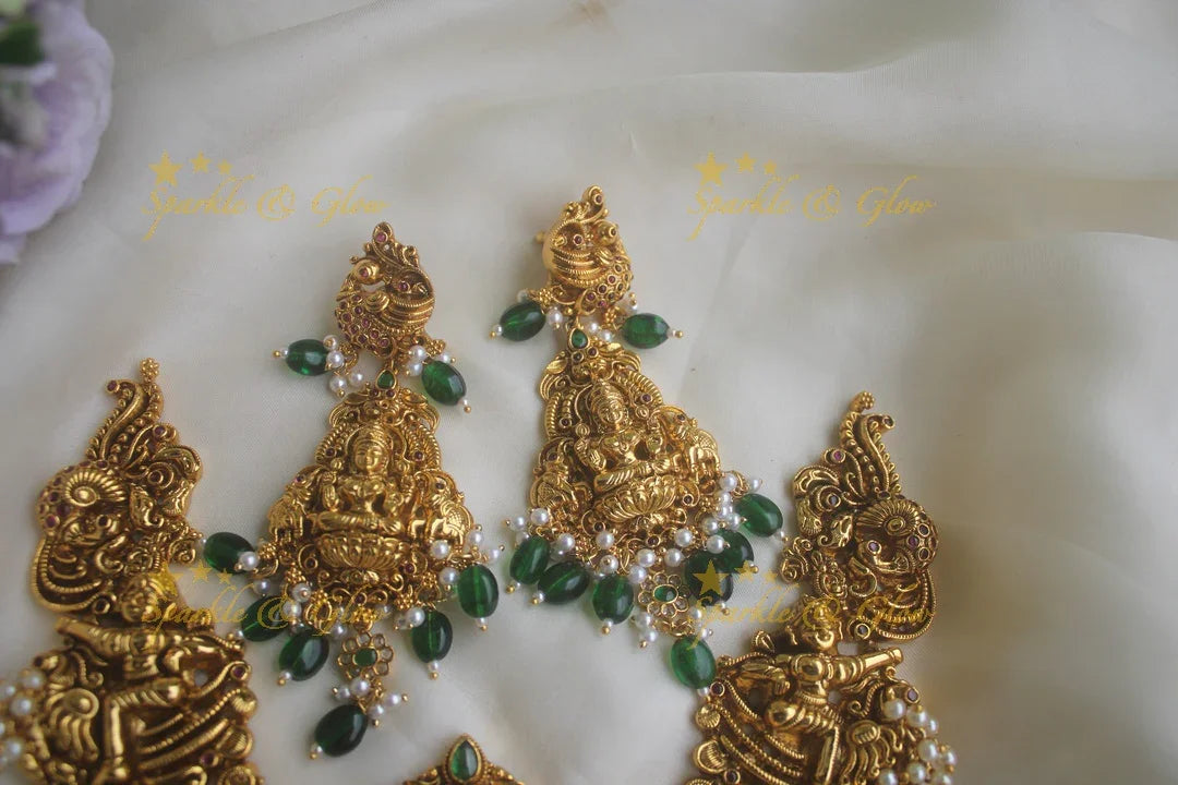 Glorious lakshmi carved peacock elephant necklace with green beads - Sparkle and Glow
