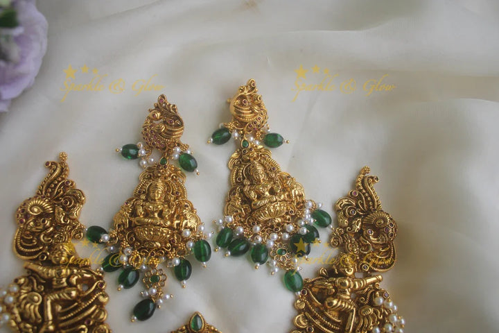 Glorious lakshmi carved peacock elephant necklace with green beads - Sparkle and Glow