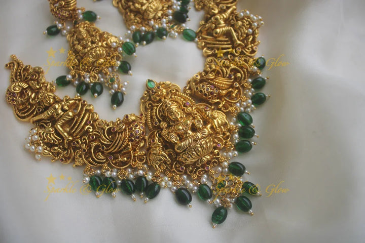 Glorious lakshmi carved peacock elephant necklace with green beads - Sparkle and Glow