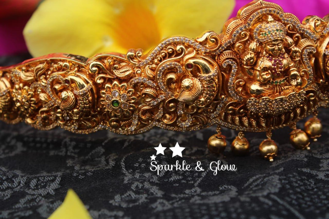 Gold alike polished carved intricately with Lakshmi , peacock design hipbelt - Sparkle and Glow