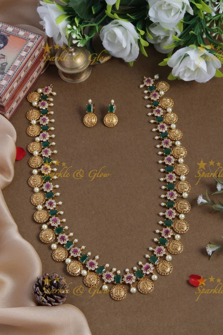 Premium Matt long floral ram sita coin necklace - Sparkle and Glow