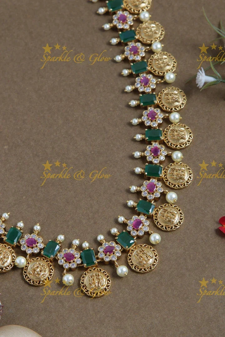 Premium Matt long floral ram sita coin necklace - Sparkle and Glow