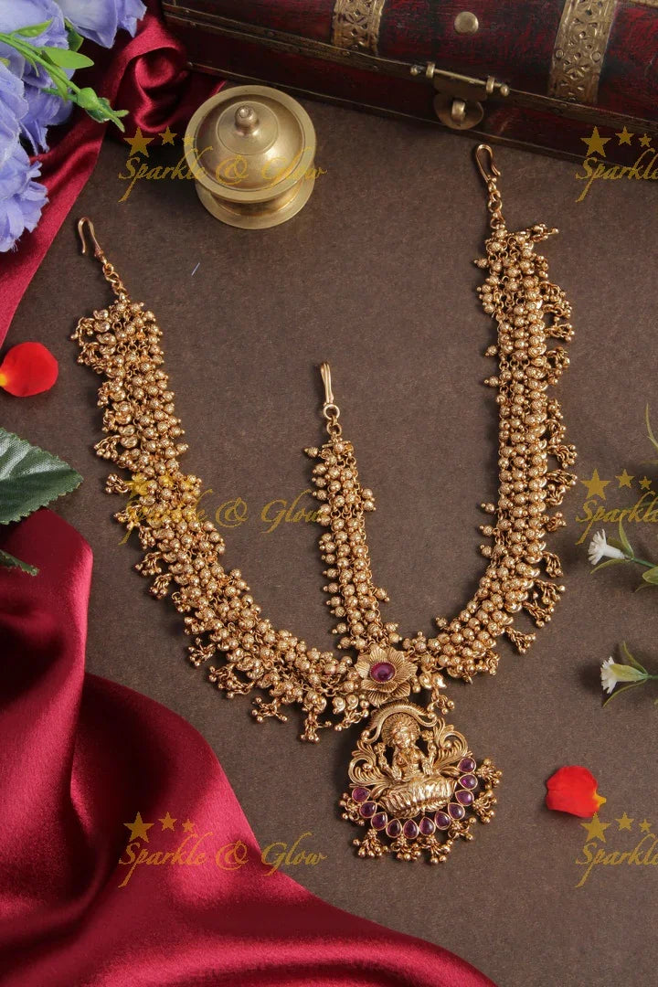 Elegant gold cluster beads bridal three sided maang tikka with lakshmi carved pendent - Sparkle and Glow