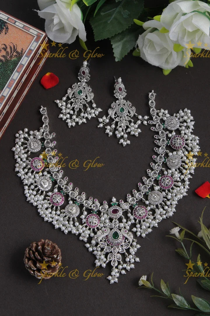 Exquisite premium matte silver finish lakshmi coin gutta pusalu necklace - Sparkle and Glow